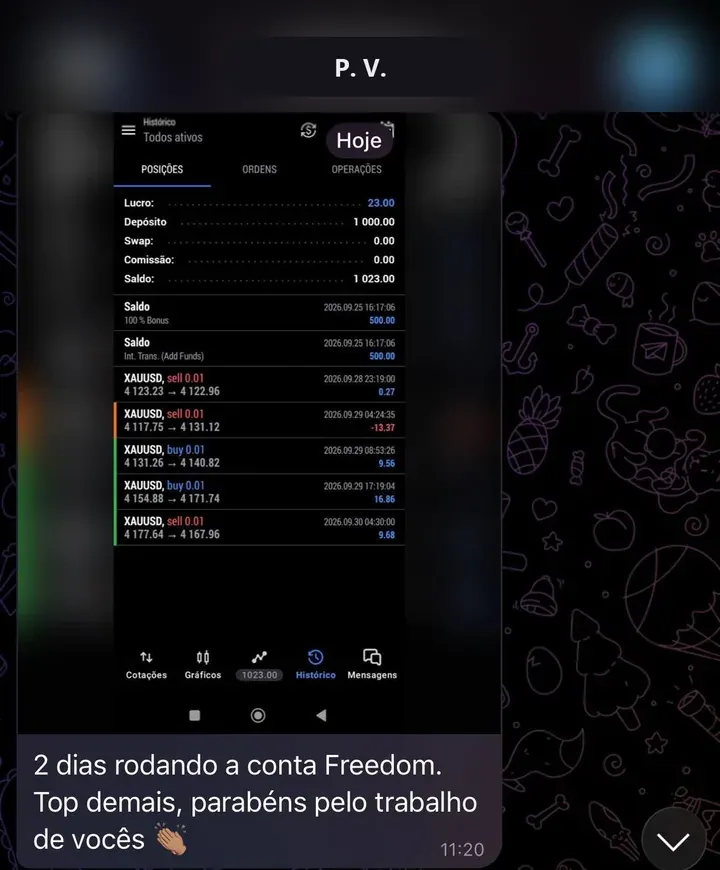 Print de conversa: cliente P. V. com o histórico de operações no MetaTrader 5