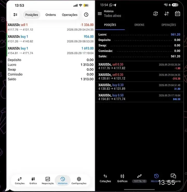 Print do histórico de operações no MetaTrader 5 do cliente F. A.